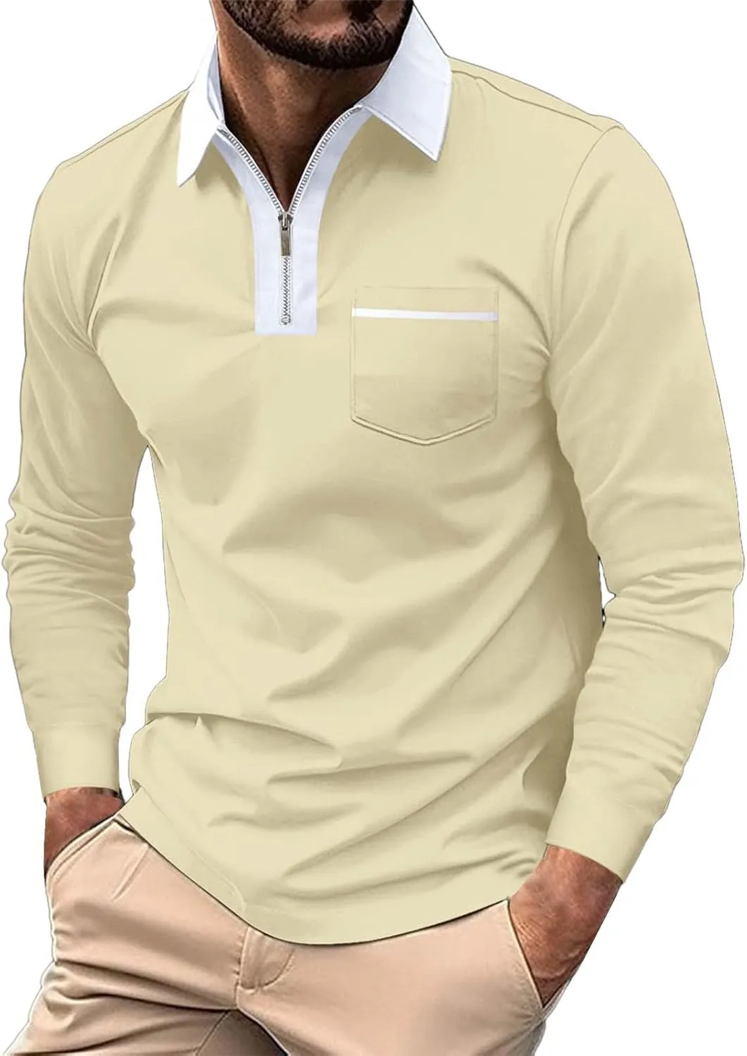 Mens Casual Quarter Zip Polo Shirt Business Office Work Slim Fit Long Sleeve Stretch Lightweight Sports Golf Collared T Shirt
