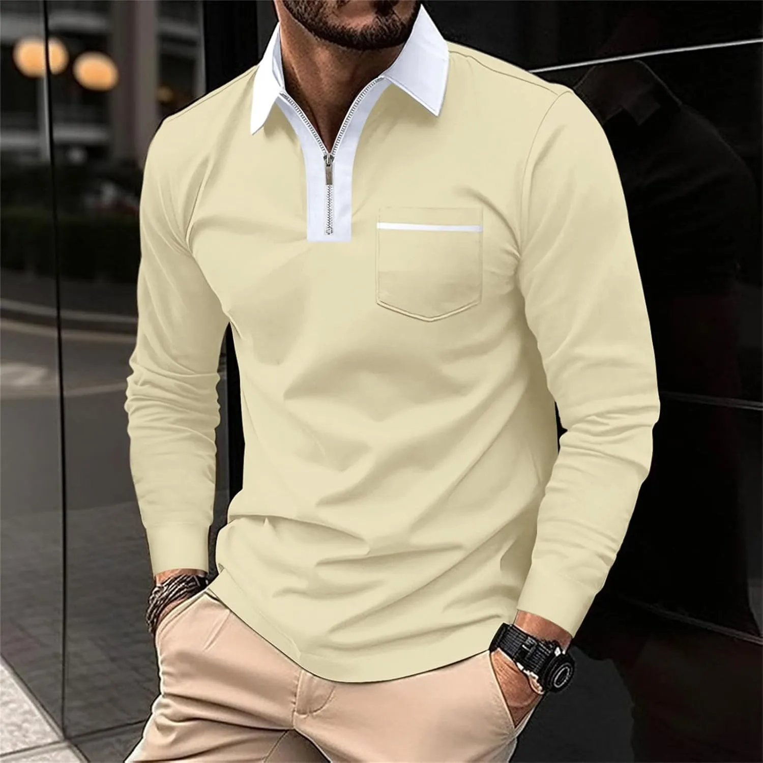Mens Casual Quarter Zip Polo Shirt Business Office Work Slim Fit Long Sleeve Stretch Lightweight Sports Golf Collared T Shirt