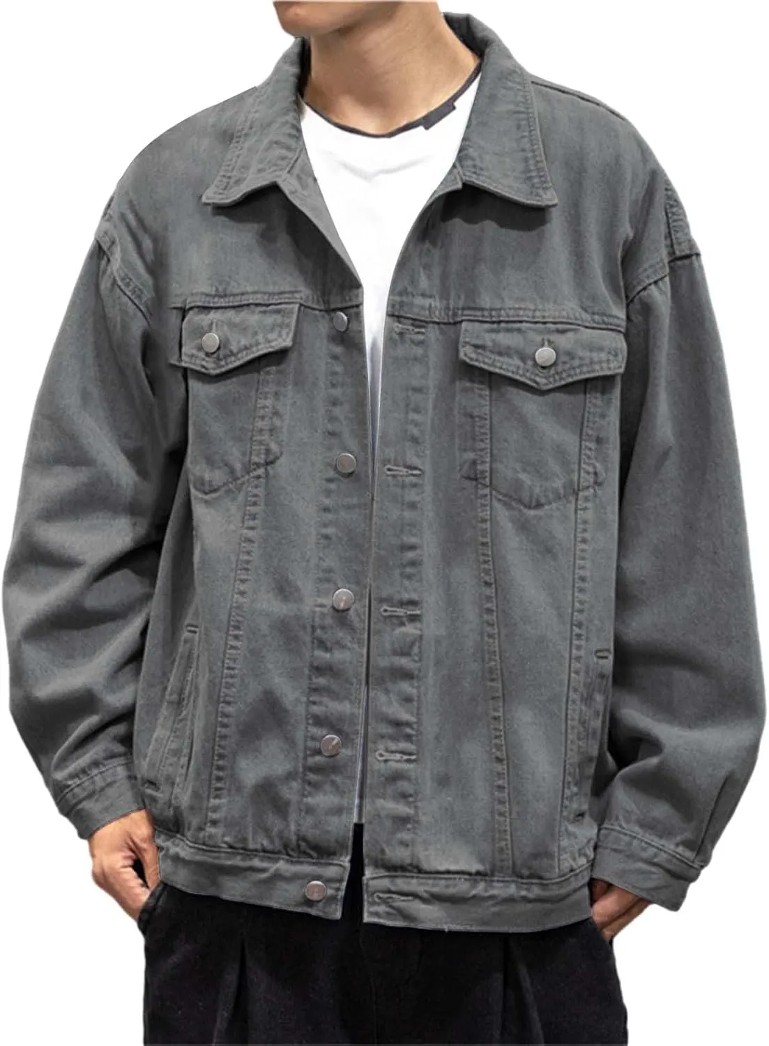 Mens Classic Lapel Collar Jean Jackets Loose Fit Casual Trucker Cowboy Coats Trendy Front Pockets Washed Denim Jacket