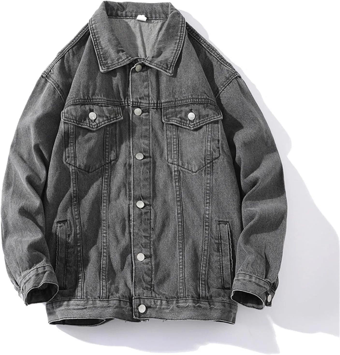 Mens Classic Lapel Collar Jean Jackets Loose Fit Casual Trucker Cowboy Coats Trendy Front Pockets Washed Denim Jacket