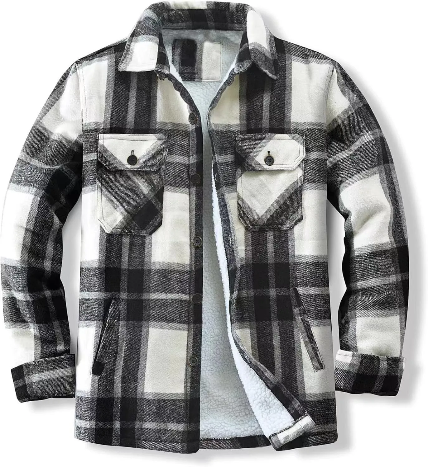 Men's Cotton Flannel Shirt Jacket Sherpa Fleece Lined Long Sleeve Plaid Shirt for Men Winter Thermal Berber Jackets