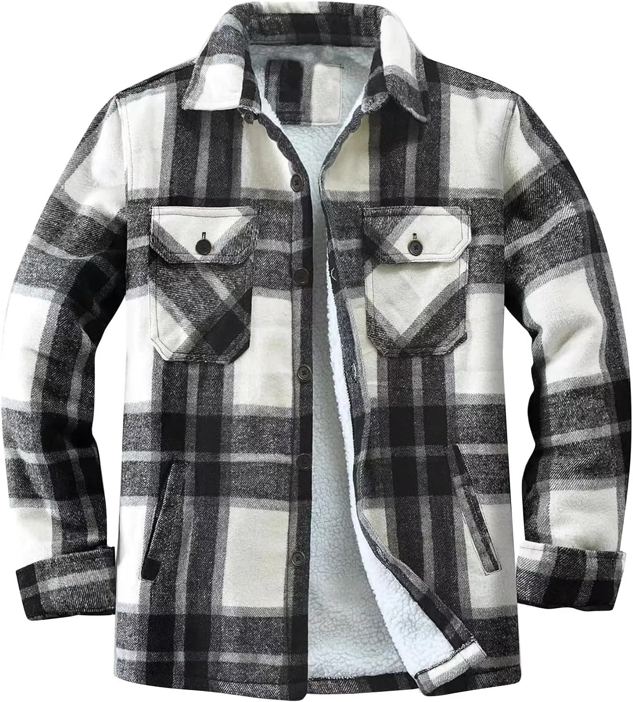 Men's Cotton Flannel Shirt Jacket Sherpa Fleece Lined Long Sleeve Plaid Shirt for Men Winter Thermal Berber Jackets