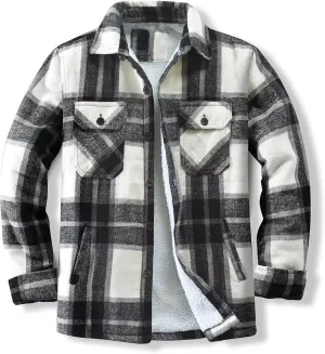 Men's Cotton Flannel Shirt Jacket Sherpa Fleece Lined Long Sleeve Plaid Shirt for Men Winter Thermal Berber Jackets