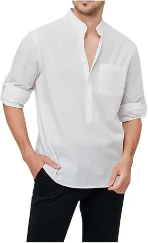 Mens Cotton Linen Henley Shirts Casual Long Sleeve Hawaii Hippie Beach Shirt Loose Fit Collarless Button Down Shirt