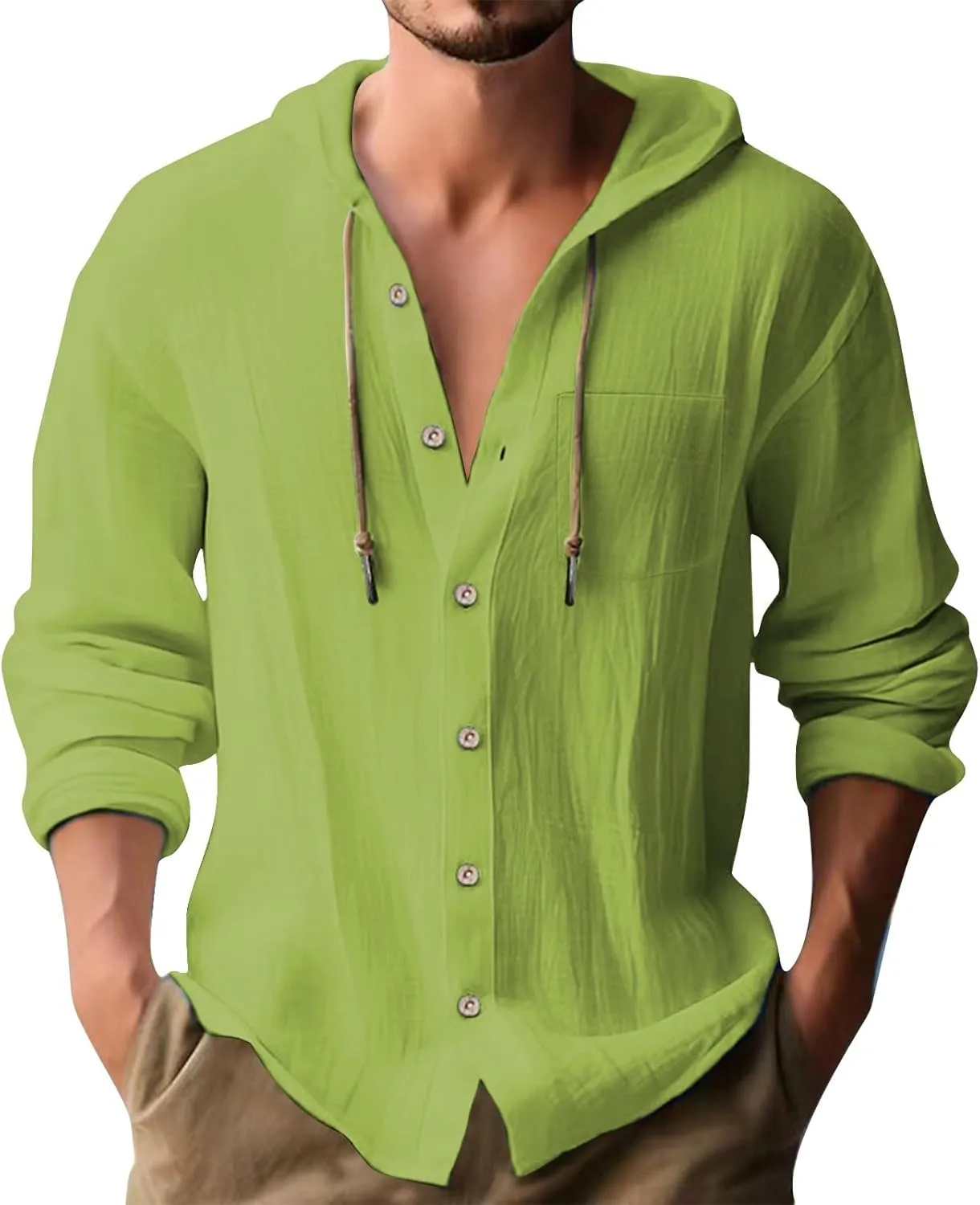 Mens Cotton Linen Henley Shirts with Hood Casual V Neck Drawstring Long Sleeve Hooded Sweatshirt Summer Button Tops