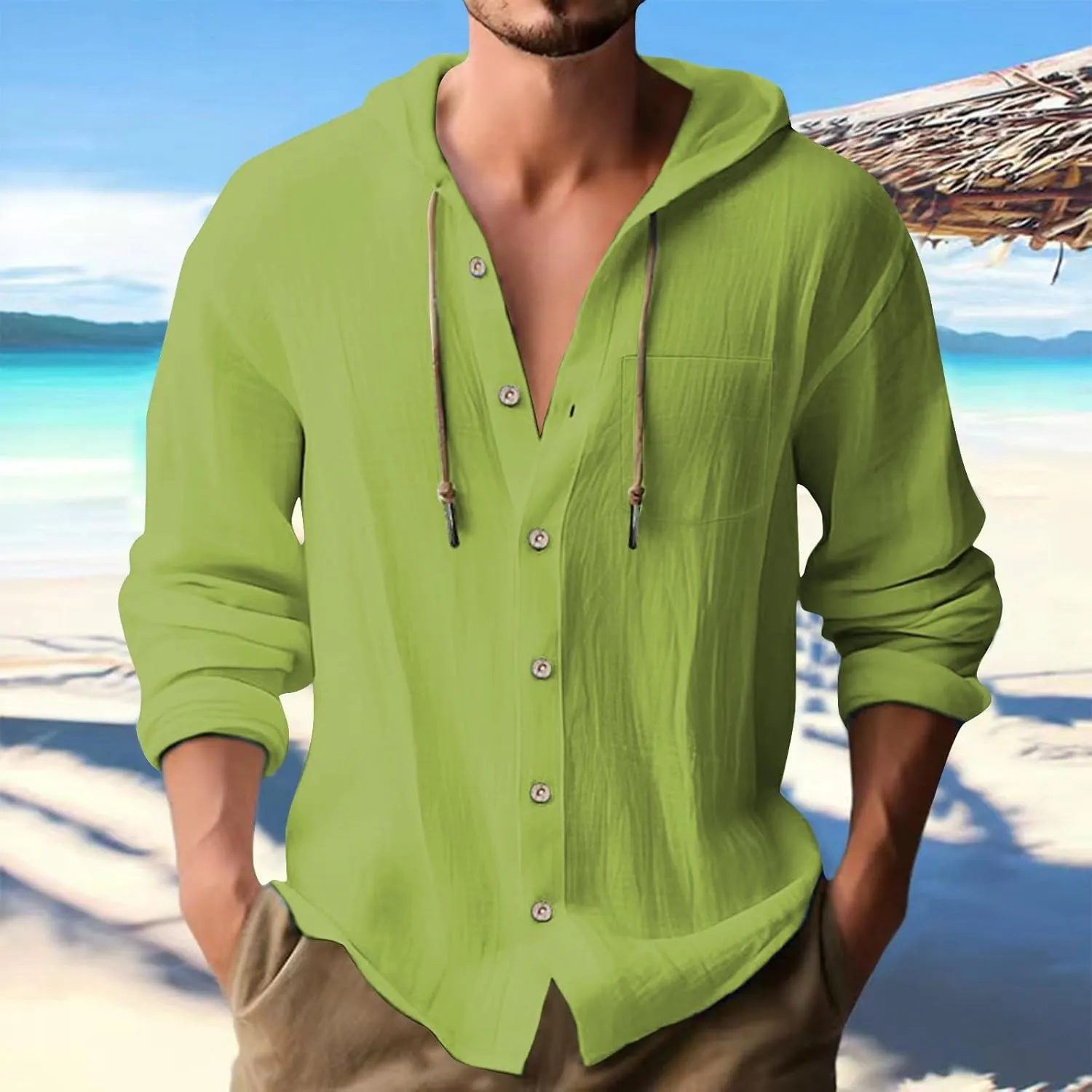 Mens Cotton Linen Henley Shirts with Hood Casual V Neck Drawstring Long Sleeve Hooded Sweatshirt Summer Button Tops