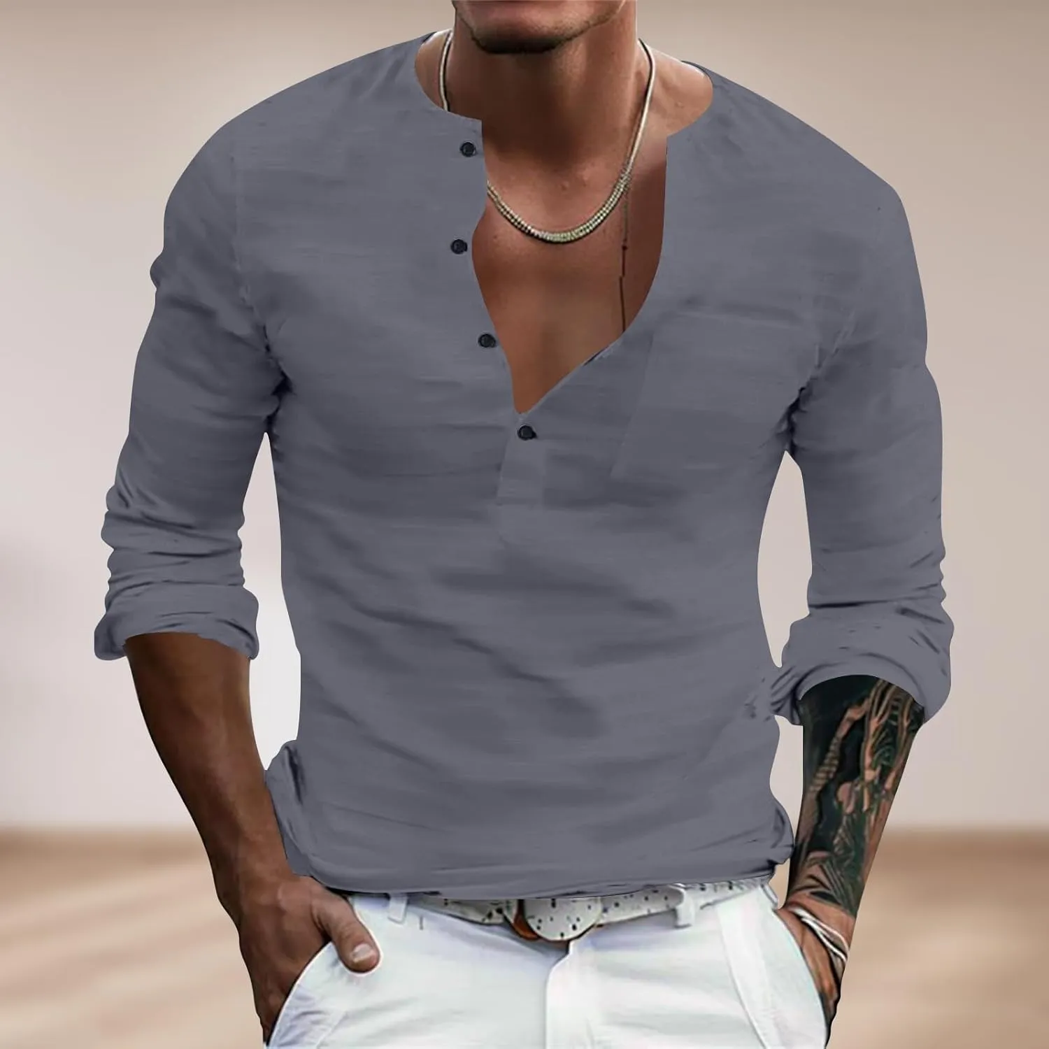 Men's Cotton Linen Henley T-Shirts Roll Up Long Sleeve Hippie Casual Beach Blouse Button Down Fashion Vacation Tops