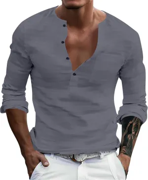 Men's Cotton Linen Henley T-Shirts Roll Up Long Sleeve Hippie Casual Beach Blouse Button Down Fashion Vacation Tops