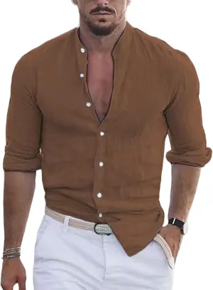 Mens Cotton Linen Shirts V Neck Three-Quarter Sleeve Tees Casual Summer Vacation Loose T Shirt Button Beach Tops