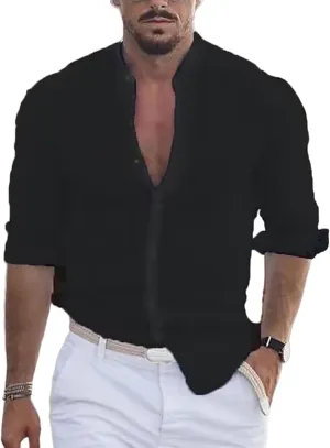 Mens Cotton Linen Shirts V Neck Three-Quarter Sleeve Tees Casual Summer Vacation Loose T Shirt Button Beach Tops