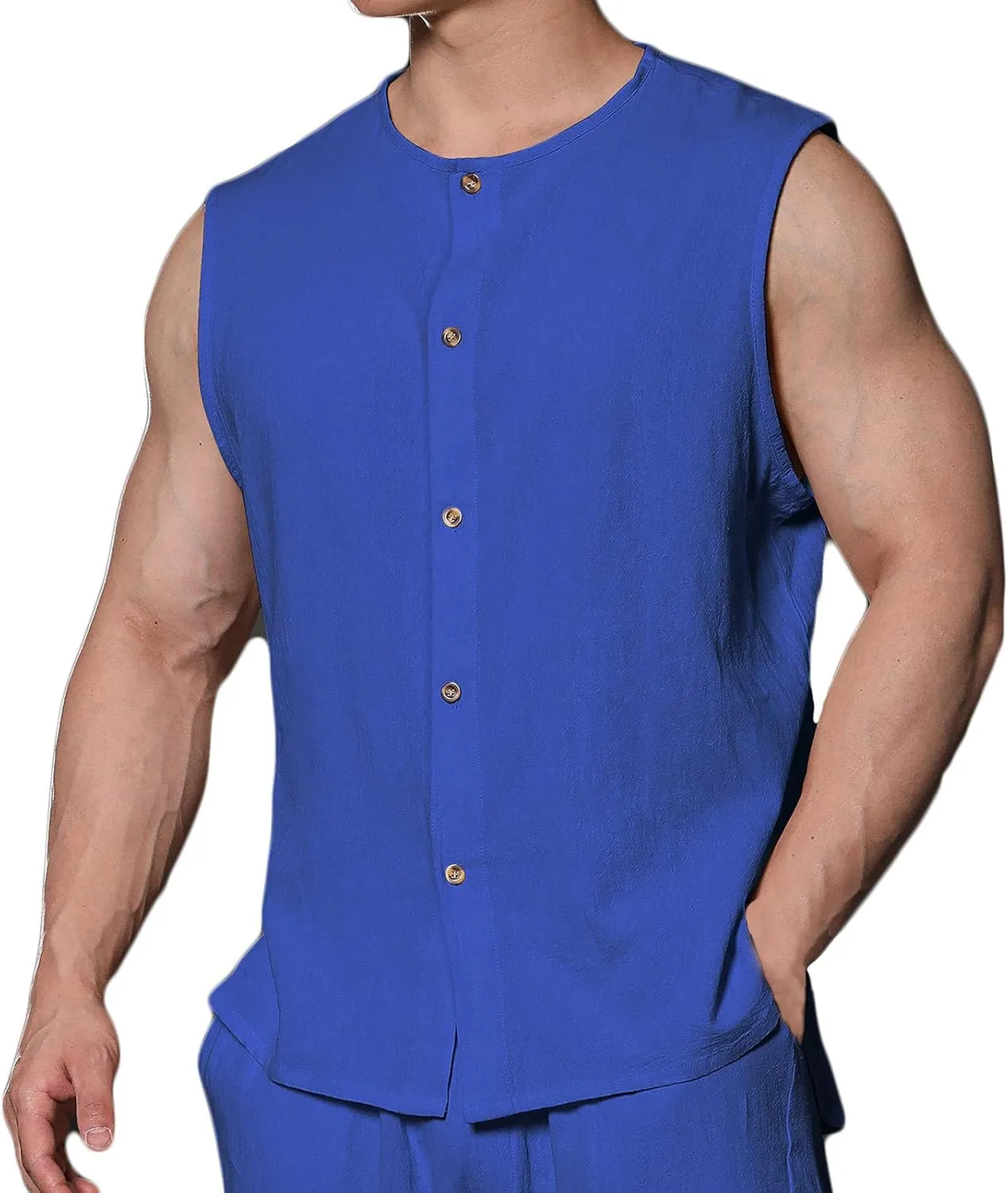 Men's Cotton Linen Vest Shirts Sleeveless Linen Shirt Button Down Tank Tops Crewneck Blouse Breathable Linen Vests Cardigan