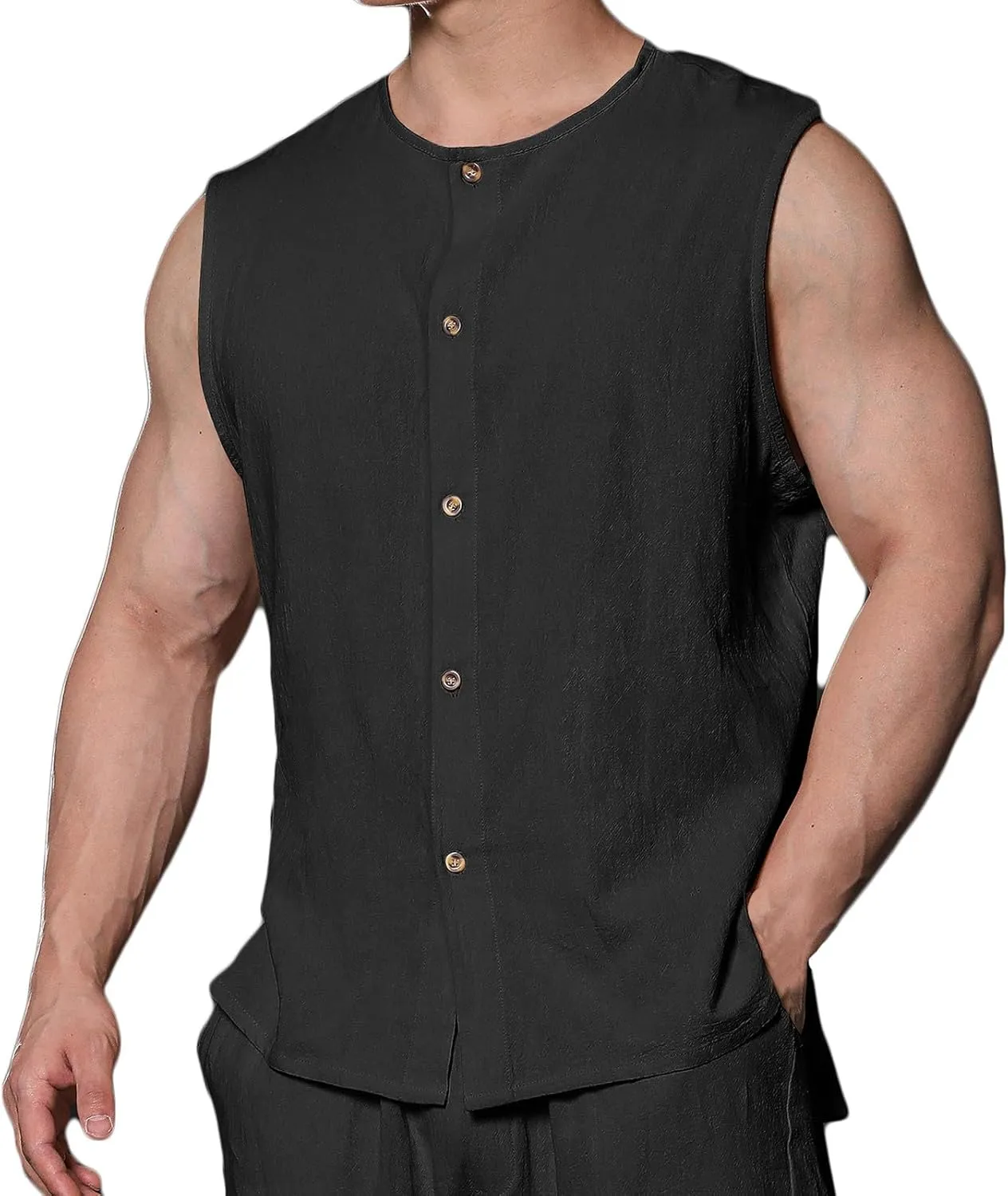 Men's Cotton Linen Vest Shirts Sleeveless Linen Shirt Button Down Tank Tops Crewneck Blouse Breathable Linen Vests Cardigan