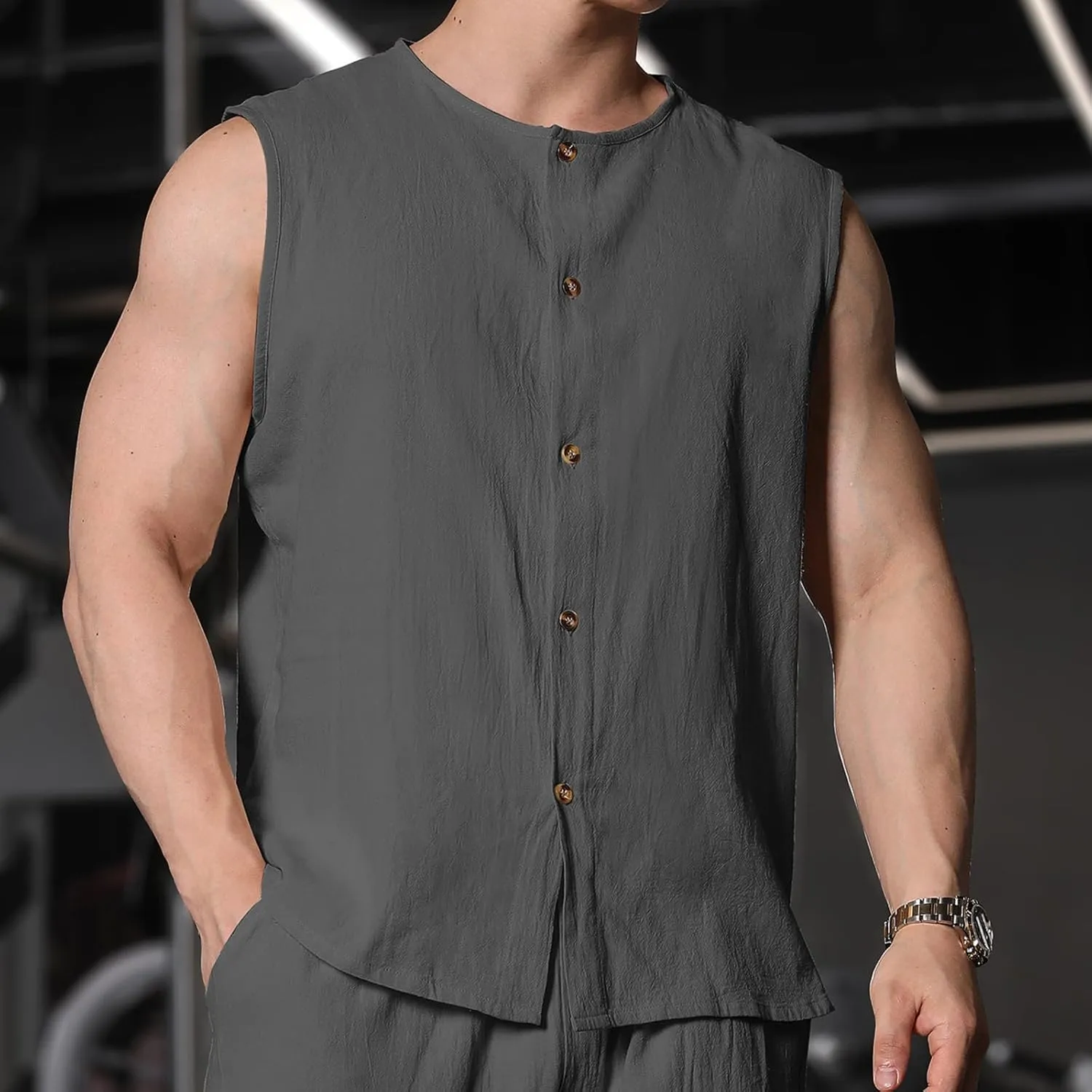 Men's Cotton Linen Vest Shirts Sleeveless Linen Shirt Button Down Tank Tops Crewneck Blouse Breathable Linen Vests Cardigan