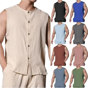 Men's Cotton Linen Vest Shirts Sleeveless Linen Shirt Button Down Tank Tops Crewneck Blouse Breathable Linen Vests Cardigan