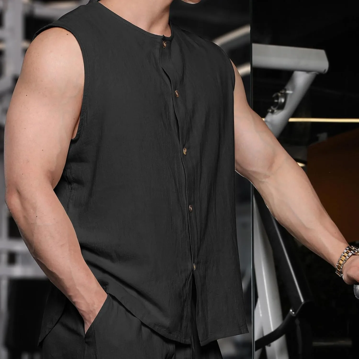 Men's Cotton Linen Vest Shirts Sleeveless Linen Shirt Button Down Tank Tops Crewneck Blouse Breathable Linen Vests Cardigan