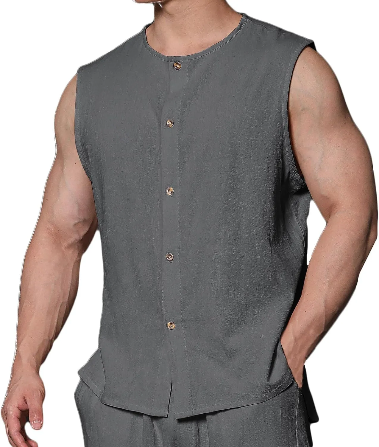 Men's Cotton Linen Vest Shirts Sleeveless Linen Shirt Button Down Tank Tops Crewneck Blouse Breathable Linen Vests Cardigan