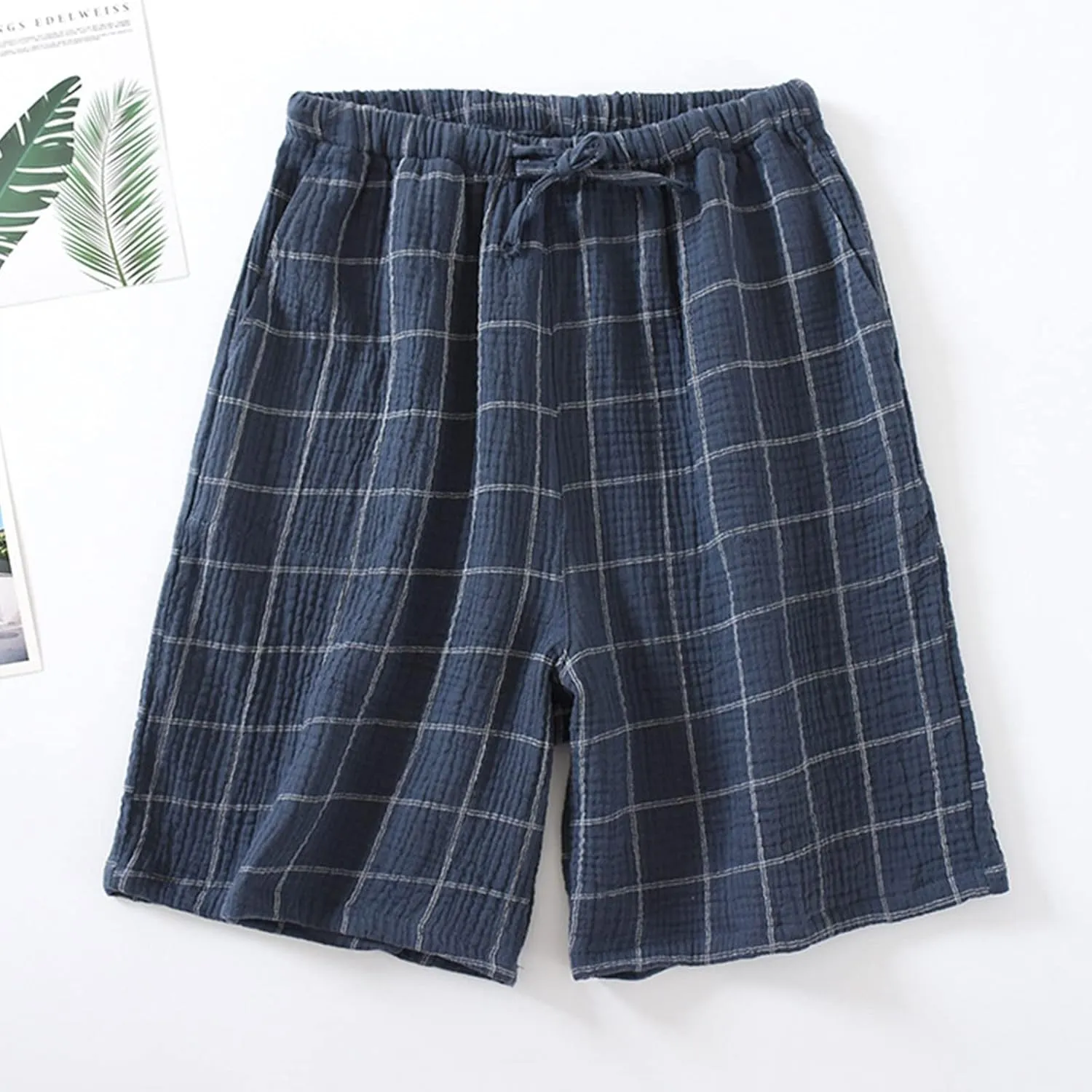 Men's Cotton Plaid Casual Shorts Sleepwear Shorts Pajama Bottom Lounge Short with Pockets Elastic Waist Sleep Shorts