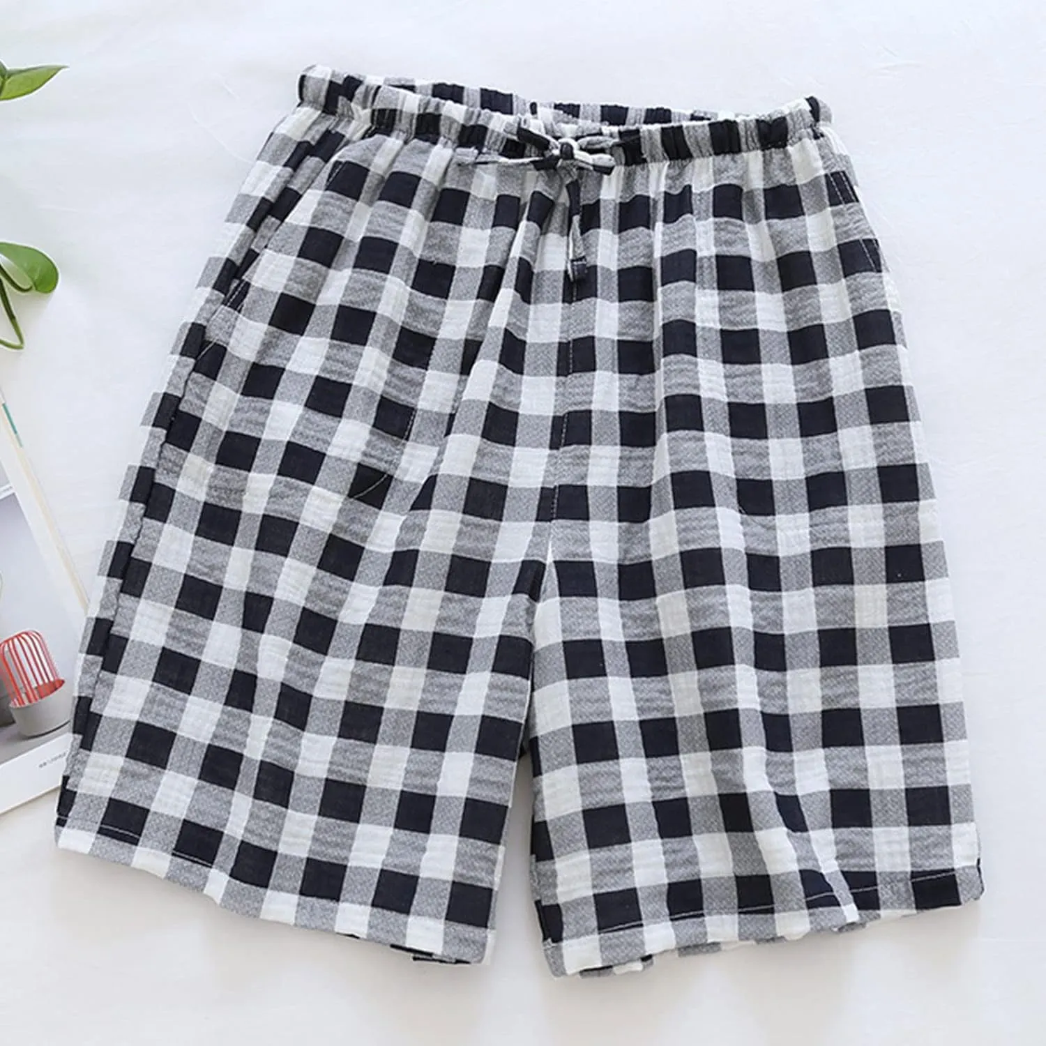 Men's Cotton Plaid Casual Shorts Sleepwear Shorts Pajama Bottom Lounge Short with Pockets Elastic Waist Sleep Shorts