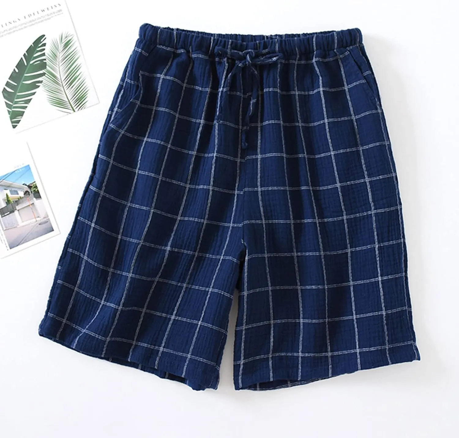 Men's Cotton Plaid Casual Shorts Sleepwear Shorts Pajama Bottom Lounge Short with Pockets Elastic Waist Sleep Shorts