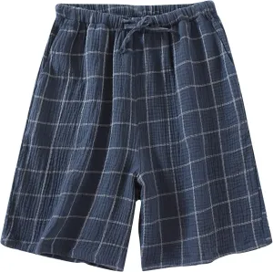 Men's Cotton Plaid Casual Shorts Sleepwear Shorts Pajama Bottom Lounge Short with Pockets Elastic Waist Sleep Shorts