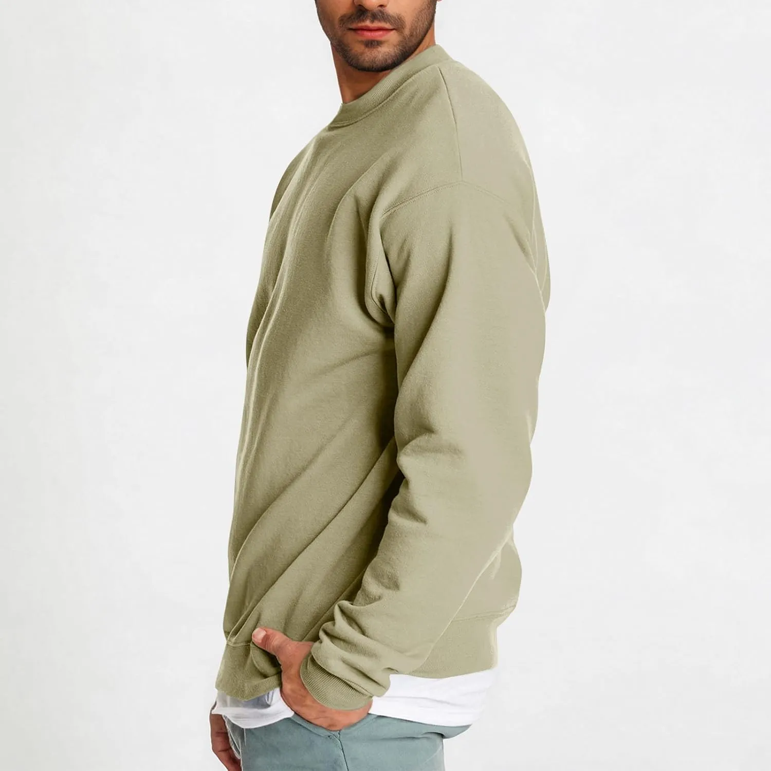 Mens Crewneck French Terry Sweatshirts Lightweight Casual Long Sleeve Pullover Basic Solid Workout Shirts Sweaters