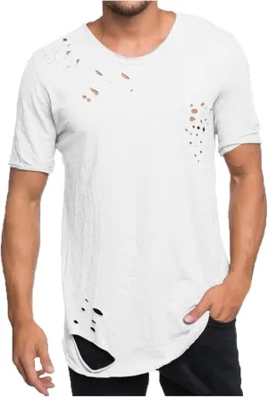 Men's Distressed T-Shirt Short Sleeve Ripped Crew Neck Fashion Hip Hop Streetwear Grunge Vintage Casual Tee