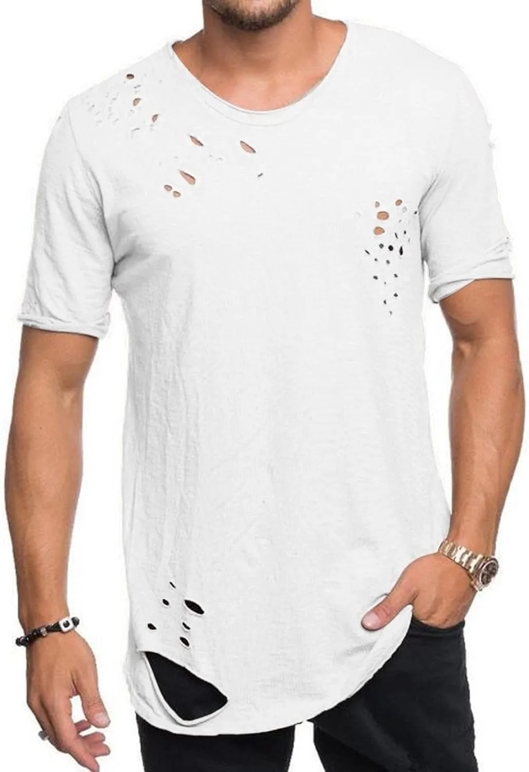 Men's Distressed T-Shirt Short Sleeve Ripped Crew Neck Fashion Hip Hop Streetwear Grunge Vintage Casual Tee