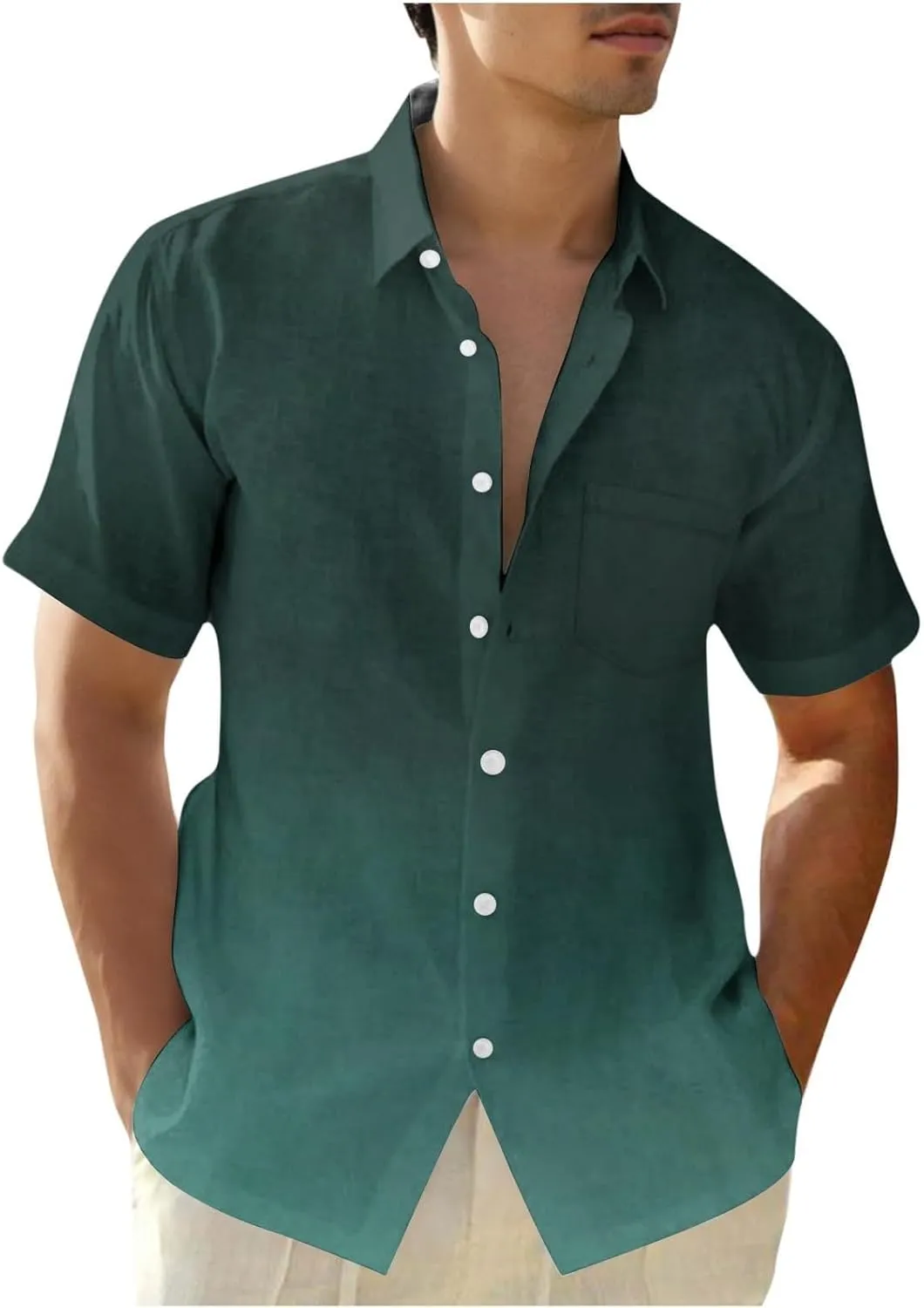 Men's Fashion Gradient Short Sleeve Shirts t Linen Casual Button Down T-Shirts Loose Fit Beach Summer Tee Tops