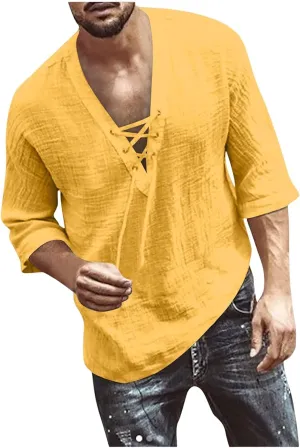 Men's Fashion Shirts Casual Long Sleeve Cotton Linen Lace Up Drawstring Hippie Beach Tshirts V Neck Yoga Summer Top