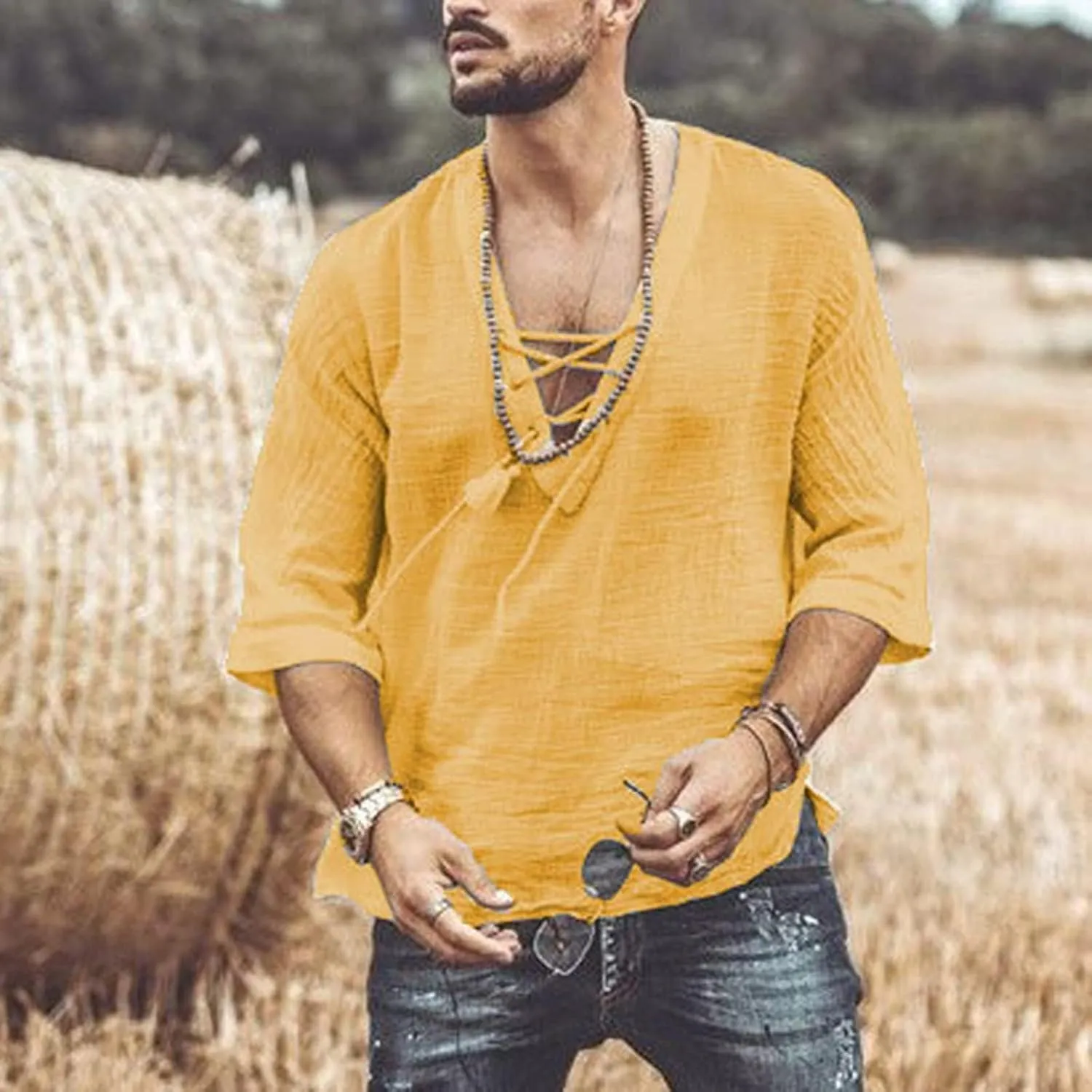 Men's Fashion Shirts Casual Long Sleeve Cotton Linen Lace Up Drawstring Hippie Beach Tshirts V Neck Yoga Summer Top