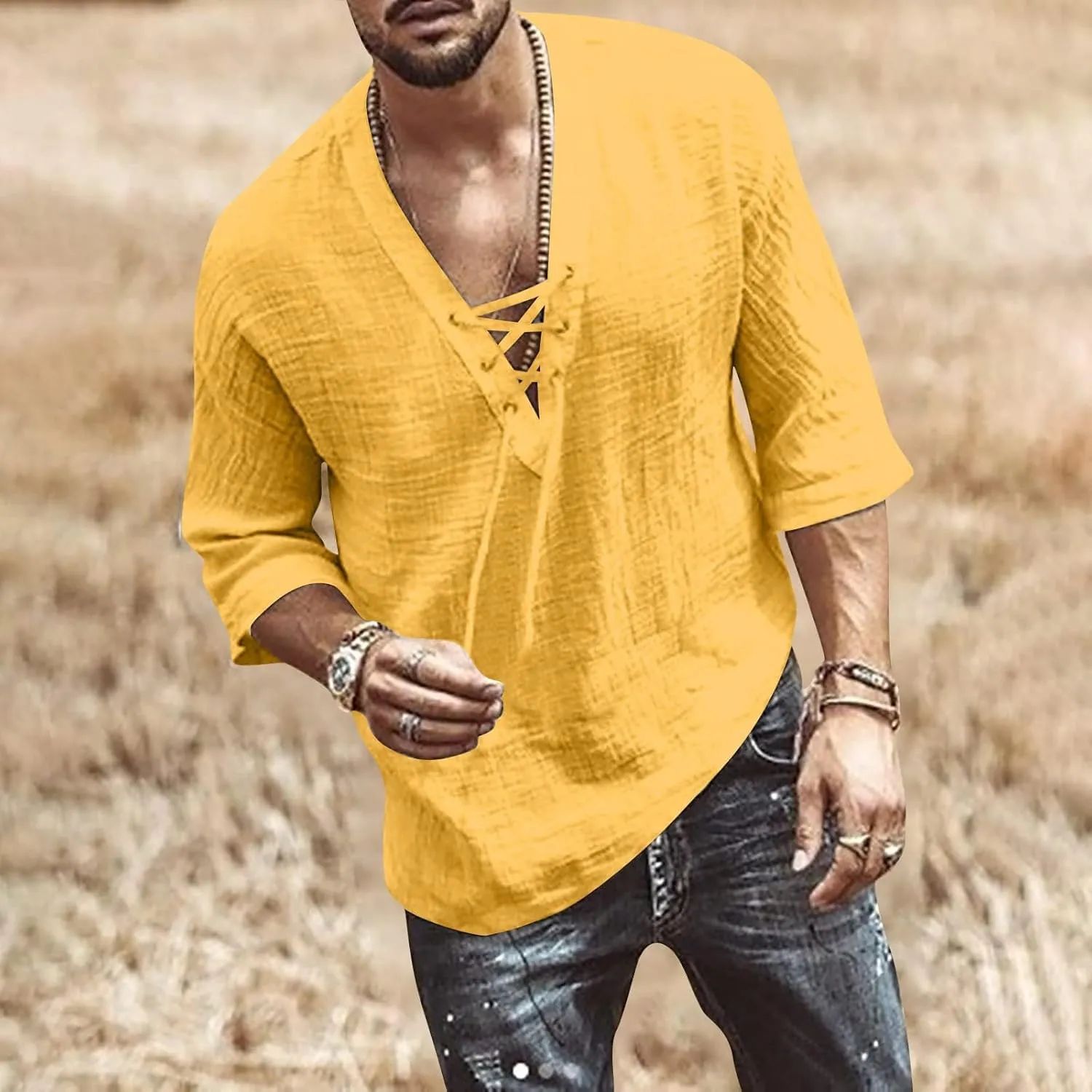 Men's Fashion Shirts Casual Long Sleeve Cotton Linen Lace Up Drawstring Hippie Beach Tshirts V Neck Yoga Summer Top