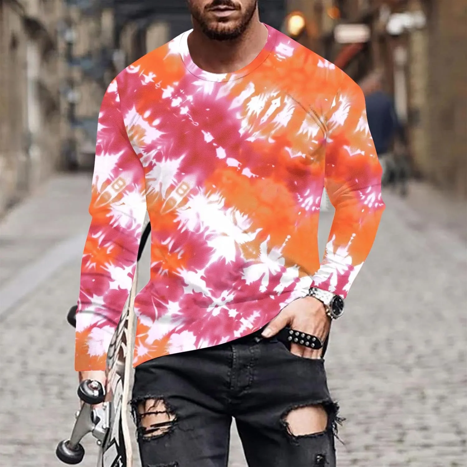 Men's Fashion Tie-Dye Printed Tops Round Neck Casual T-Shirt Long Sleeve Tops Stylish Pullover Tees Shirt