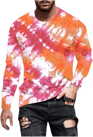 Men's Fashion Tie-Dye Printed Tops Round Neck Casual T-Shirt Long Sleeve Tops Stylish Pullover Tees Shirt