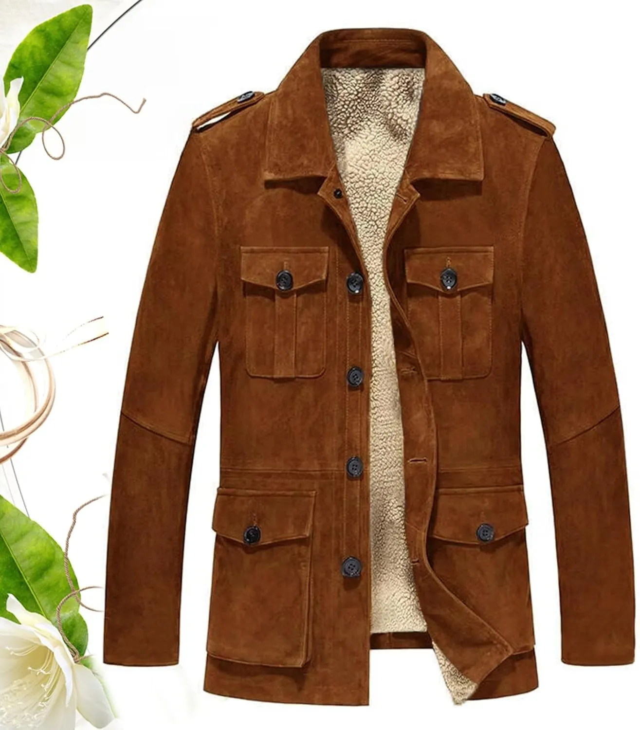 Mens Faux Suede Trench Coats Heavyweight Sherpa Lined Single Breasted Warm Pea Coats Sheepskin Winter Bomber Jackets
