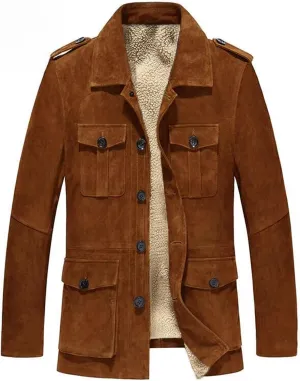 Mens Faux Suede Trench Coats Heavyweight Sherpa Lined Single Breasted Warm Pea Coats Sheepskin Winter Bomber Jackets