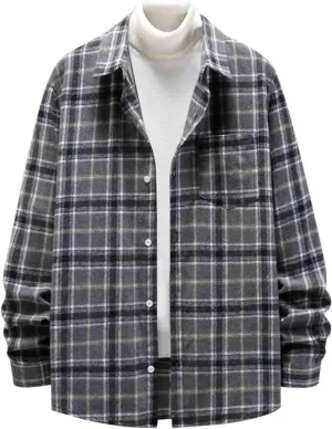 Mens Flannel Shirt Shackets Casual Button Down Long Sleeve Plaid Shirt Jacket Lightweight Fleece Jacket with Pockets