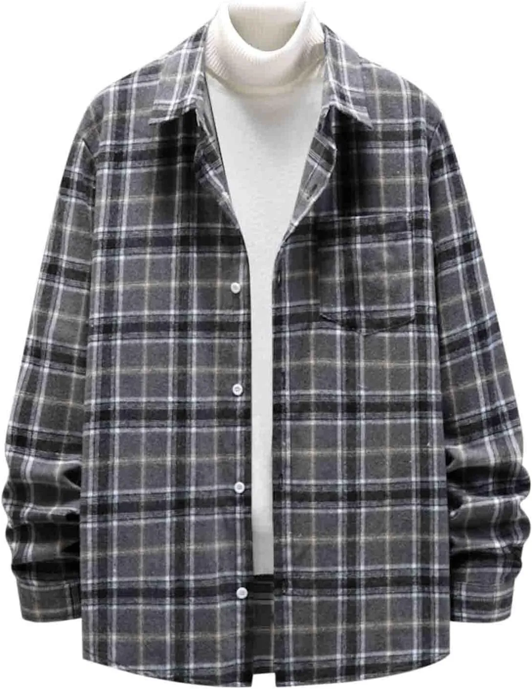 Mens Flannel Shirt Shackets Casual Button Down Long Sleeve Plaid Shirt Jacket Lightweight Fleece Jacket with Pockets