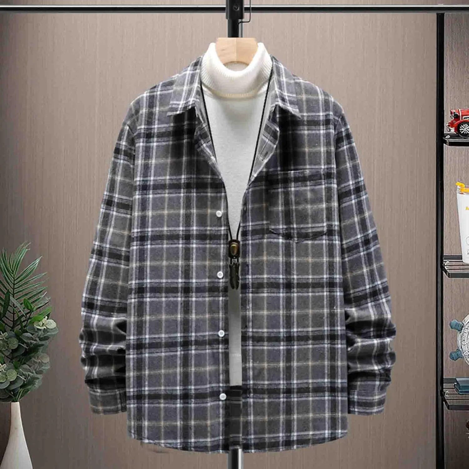 Mens Flannel Shirt Shackets Casual Button Down Long Sleeve Plaid Shirt Jacket Lightweight Fleece Jacket with Pockets