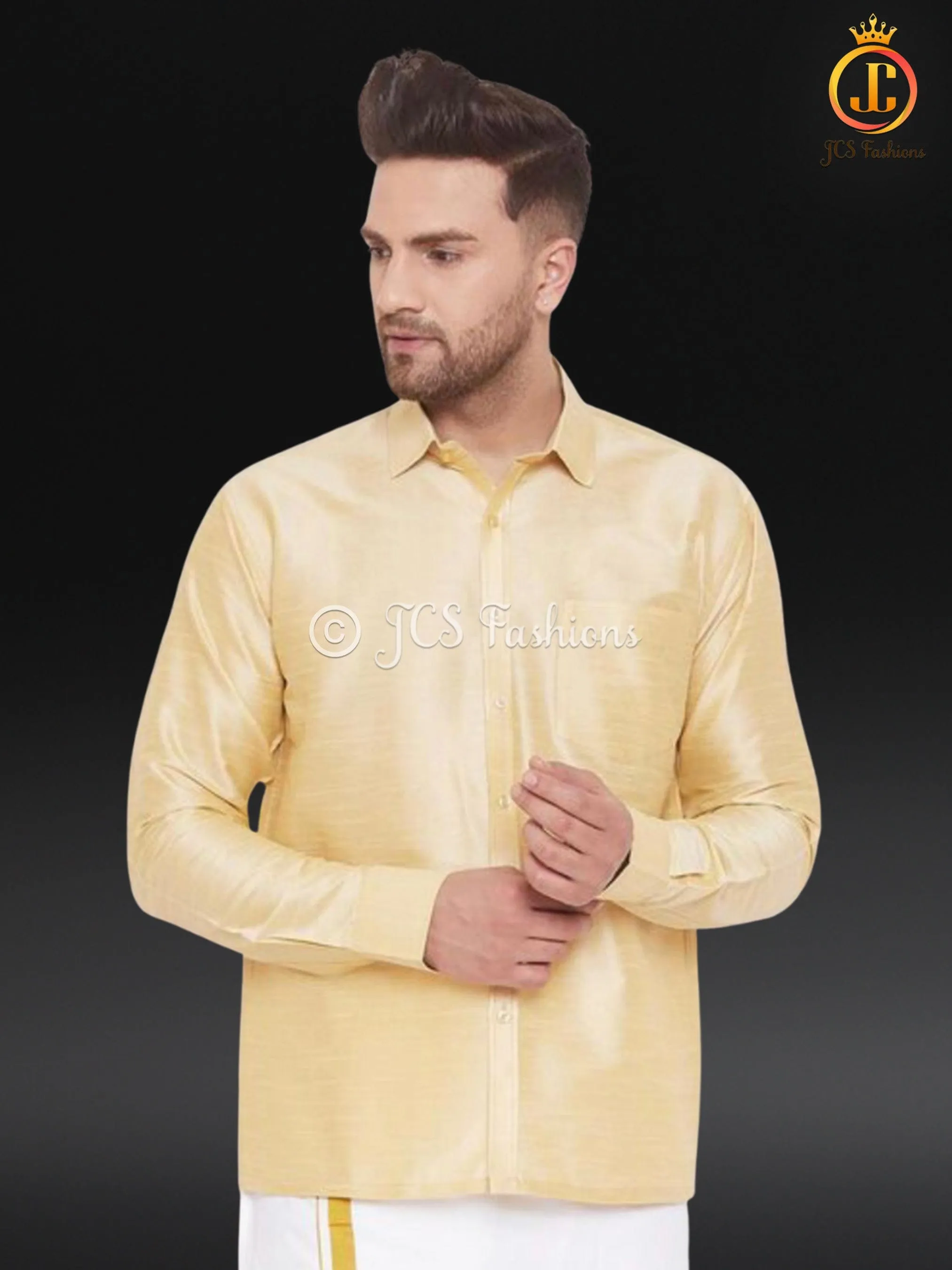 Men's Gold Silk Blend Ethnic Shirt. Veshti Shirt, Indian Traditional Shirt.