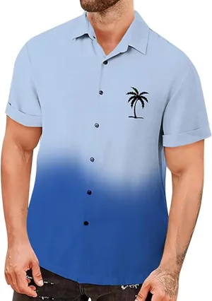 Mens Hawaiian Shirt Palm Tree Print Gradient Short Sleeve Button Down Tropical Shirts Casual Summer Beach Shirt