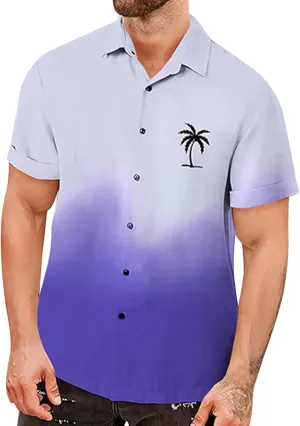 Mens Hawaiian Shirt Palm Tree Print Gradient Short Sleeve Button Down Tropical Shirts Casual Summer Beach Shirt