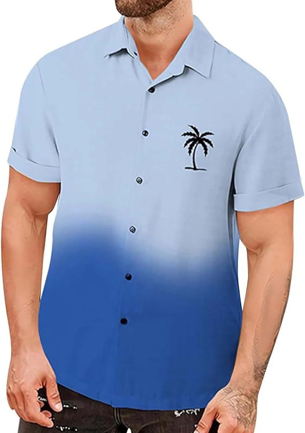 Mens Hawaiian Shirt Palm Tree Print Gradient Short Sleeve Button Down Tropical Shirts Casual Summer Beach Shirt