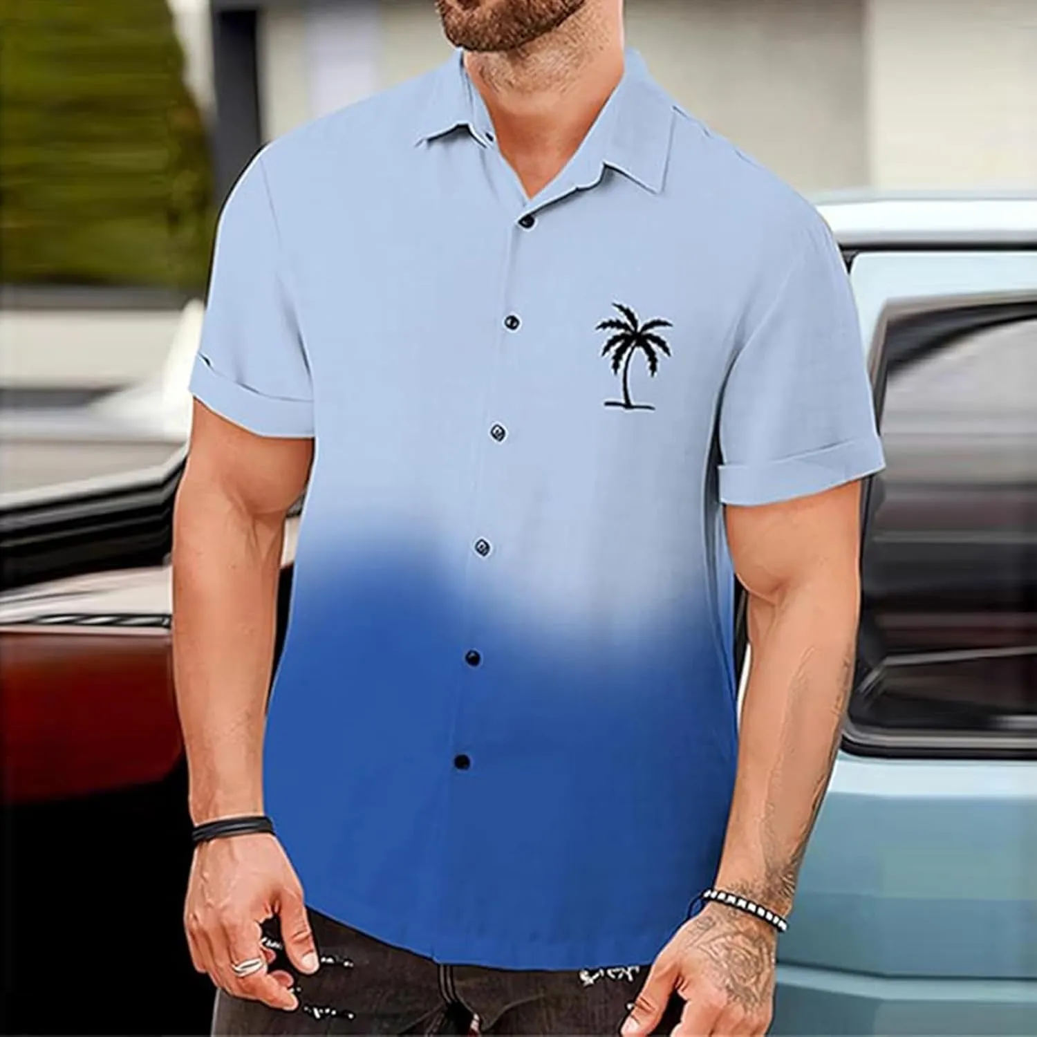 Mens Hawaiian Shirt Palm Tree Print Gradient Short Sleeve Button Down Tropical Shirts Casual Summer Beach Shirt