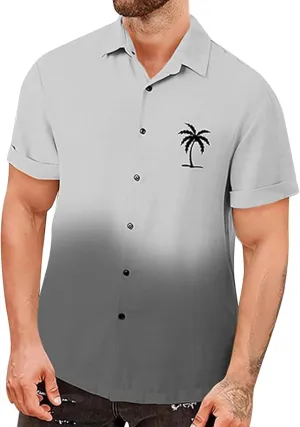 Mens Hawaiian Shirt Palm Tree Print Gradient Short Sleeve Button Down Tropical Shirts Casual Summer Beach Shirt