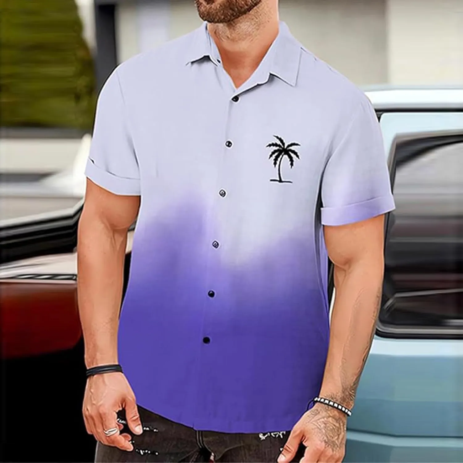 Mens Hawaiian Shirt Palm Tree Print Gradient Short Sleeve Button Down Tropical Shirts Casual Summer Beach Shirt