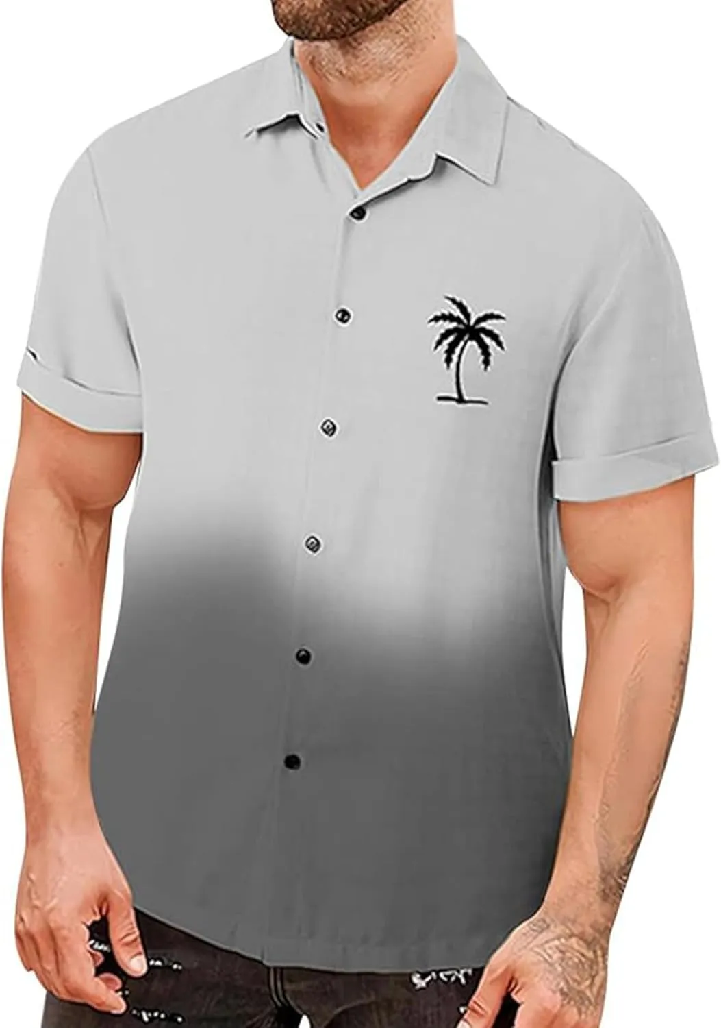 Mens Hawaiian Shirt Palm Tree Print Gradient Short Sleeve Button Down Tropical Shirts Casual Summer Beach Shirt