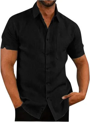 Mens Hawaiian Shirts Short Sleeve Cotton Lined Button Down Shirt Summer Solid T Shirts Beach Collared Tops with Pocket