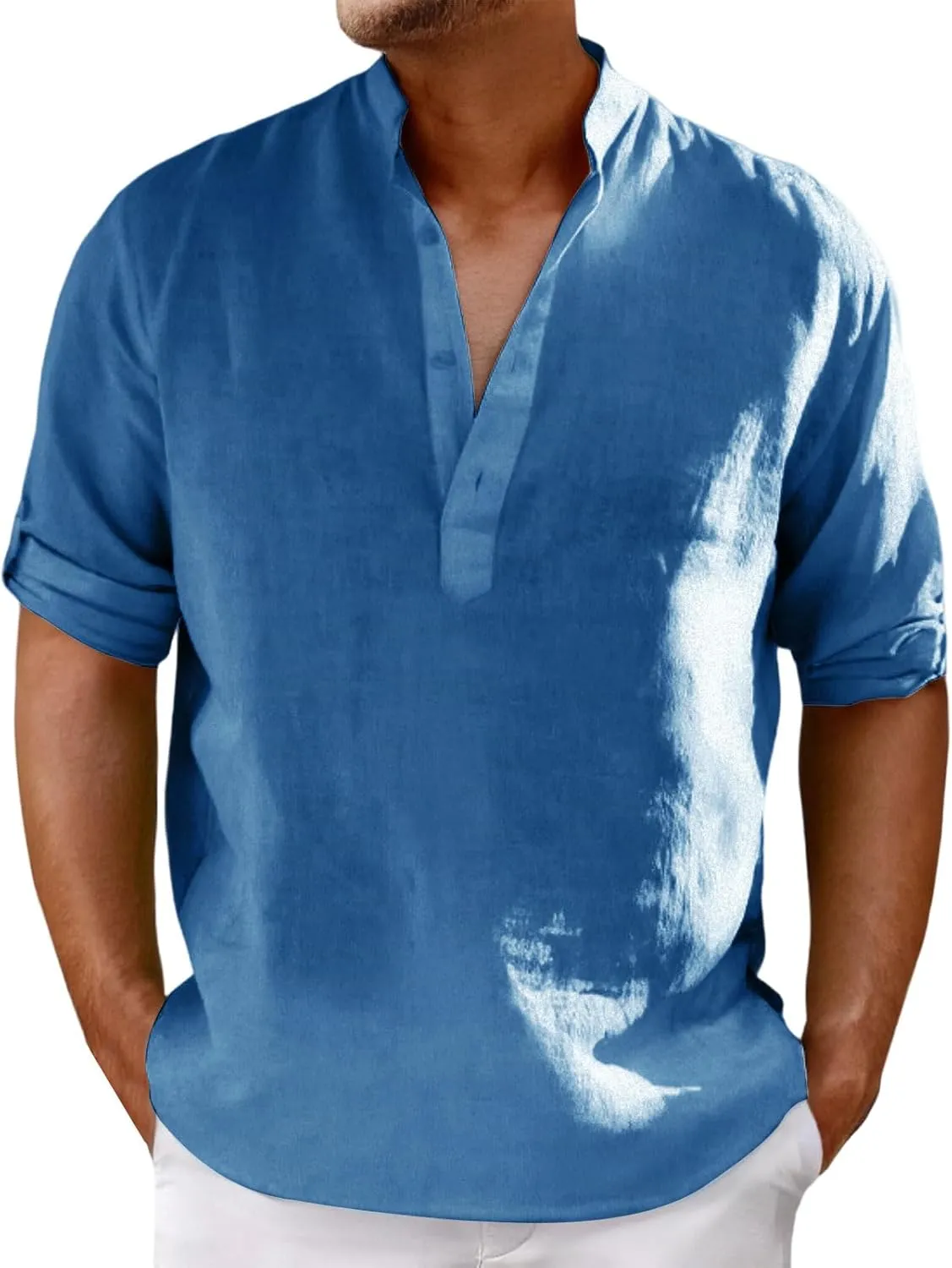 Mens Henley Shirts Short Sleeve Cotton Linen Stand Collar Casual Breathable Loose Slim Fit Solid Tops Summer Beach Tee