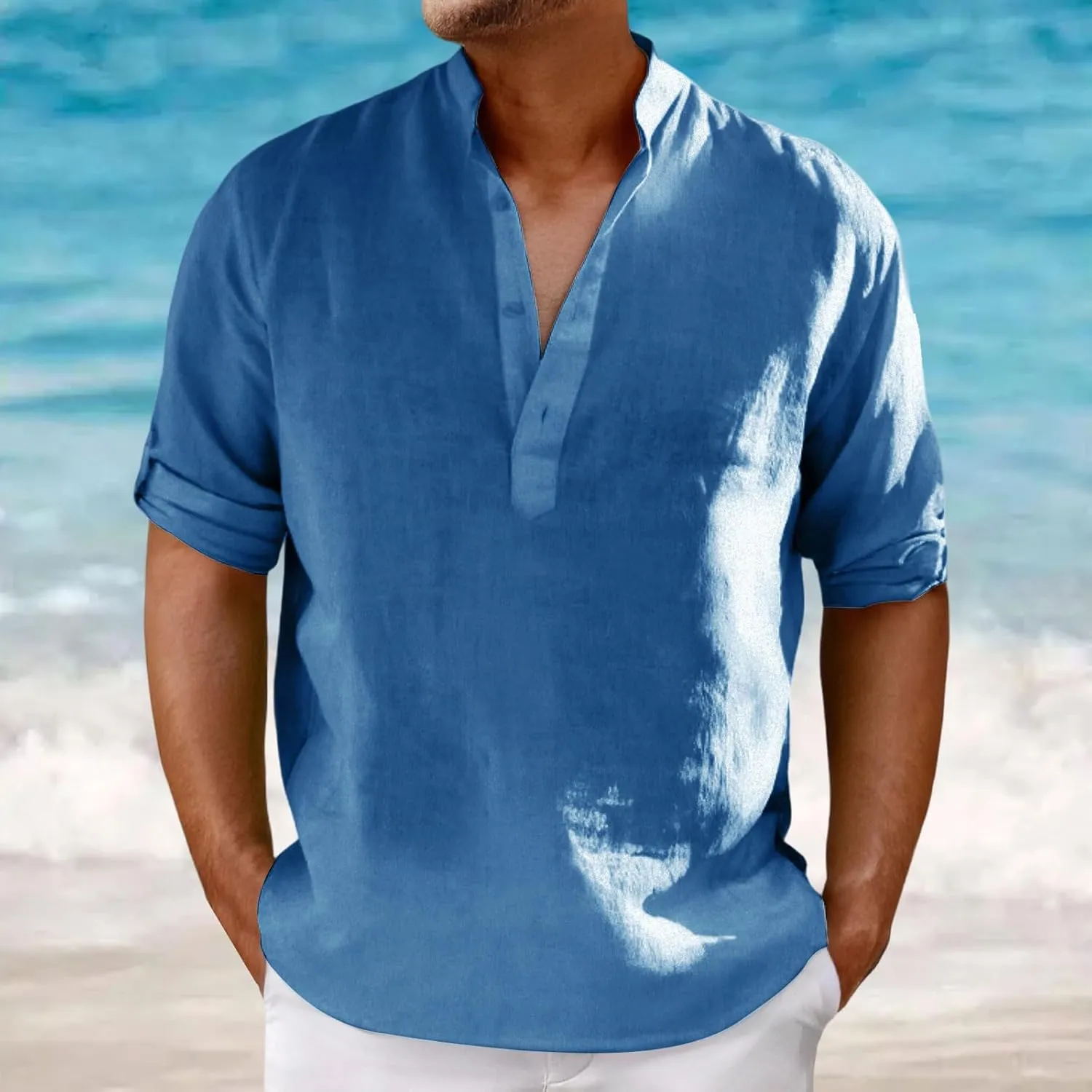 Mens Henley Shirts Short Sleeve Cotton Linen Stand Collar Casual Breathable Loose Slim Fit Solid Tops Summer Beach Tee