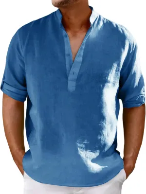 Mens Henley Shirts Short Sleeve Cotton Linen Stand Collar Casual Breathable Loose Slim Fit Solid Tops Summer Beach Tee